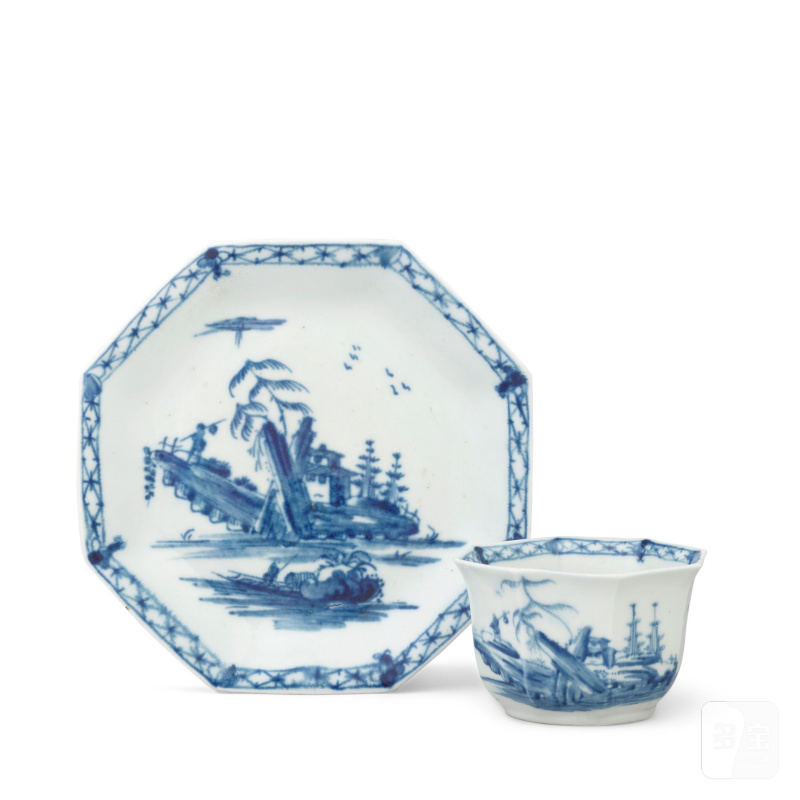 A Worcester teabowl and saucer, circa 1755